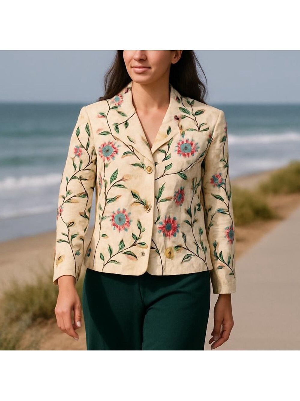 Y2K DANIEL K COTTON BLEND BROCADE CREAM & COLORFUL FLORAL EMBROIDERED JACKET XL